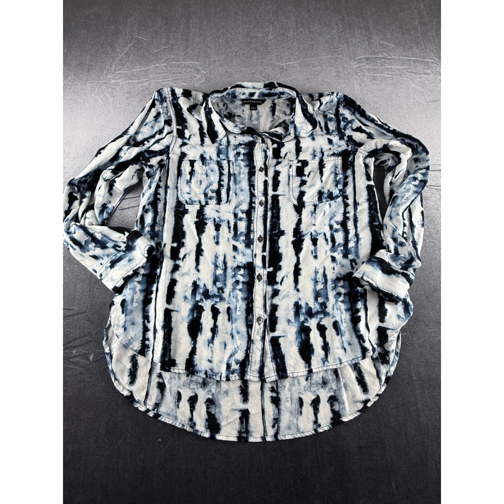 Rock & Republic Womens XL Tie Dye Stripe Button Down Shirt Blue White Rayon Top